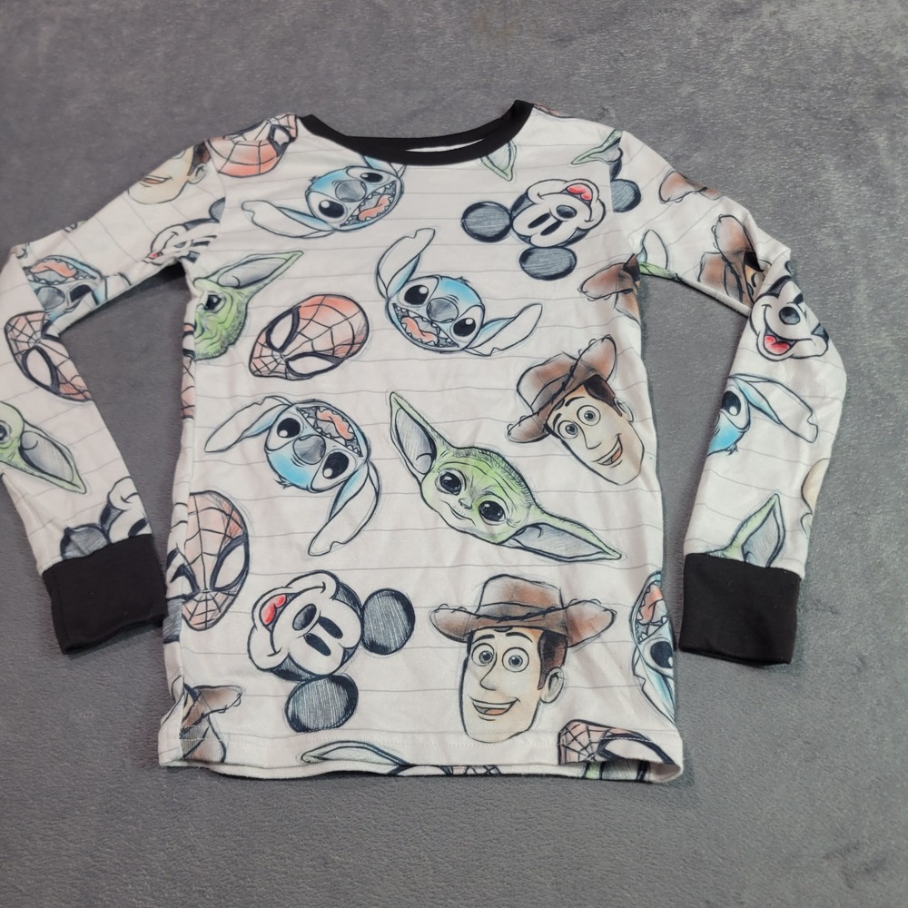 Disney Pajama Top Kids 12 White Disney 100 Character Sketch‎ Mashup Long Sleeve